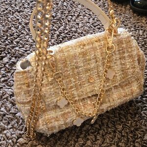 LC Lauren Conrad Gold Thread Tweed Crossbody with Gold Clover Charms And Chain